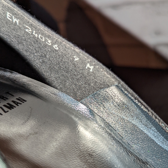 Stuart Weitzman Black Satin & Swarovski Chrome-Heeled Peep-Toe Pumps Sz 9 - Picture 15 of 15